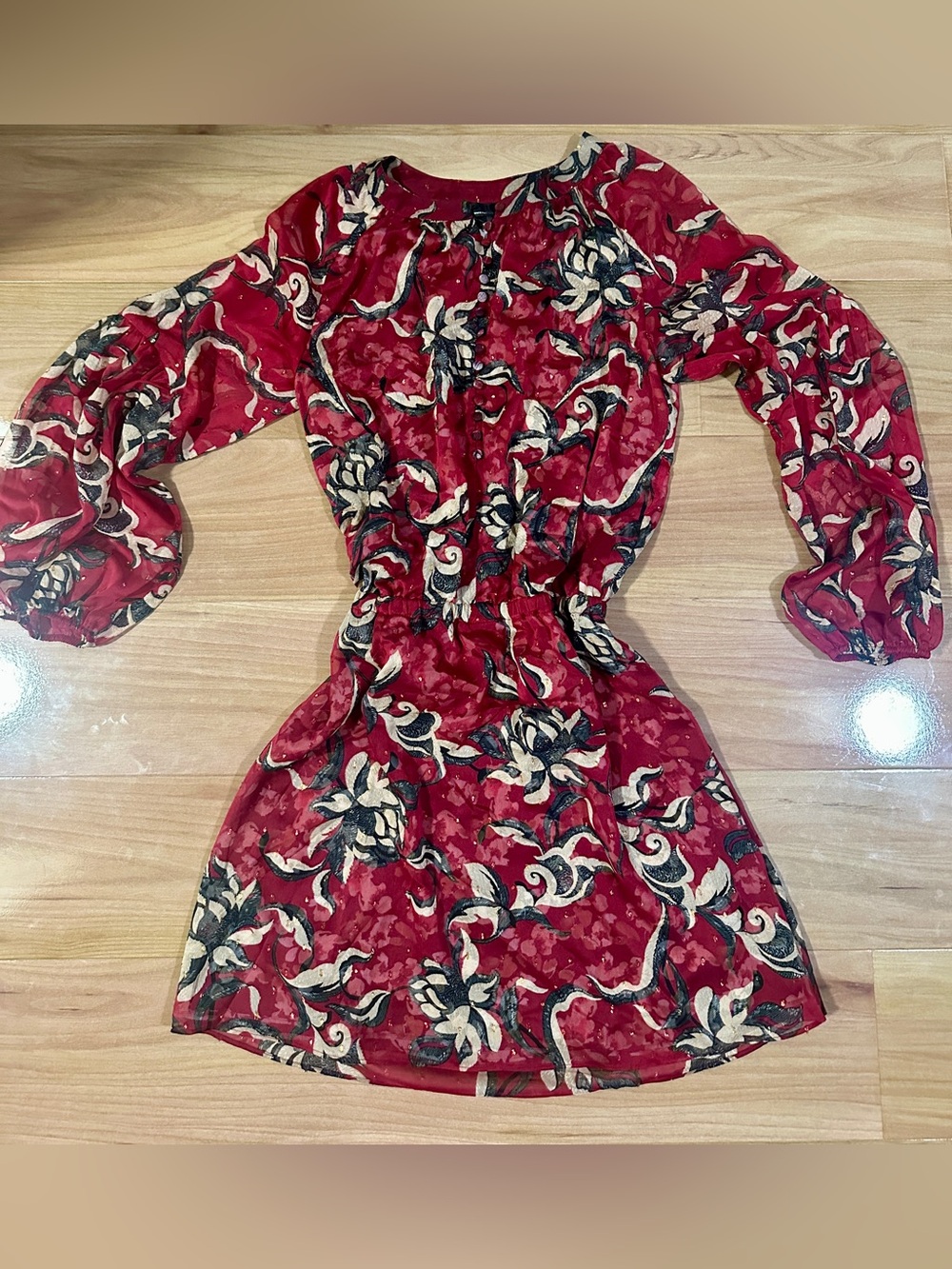 White House Black Market Small Red Floral Long-Sleeve Waist-Elastic Dress